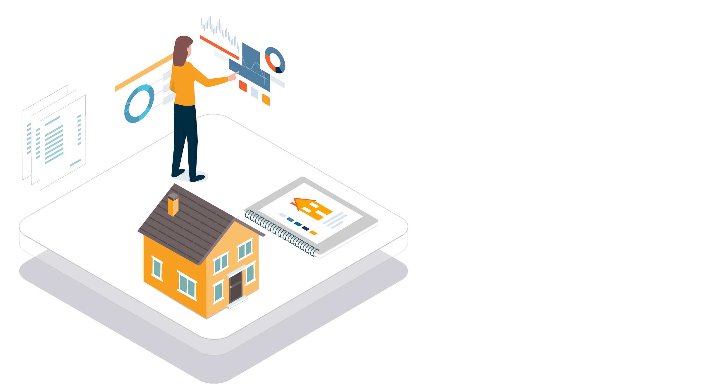 illustration of woman assembling data, standing next to a yellow house and a report with a yellow house on the cover